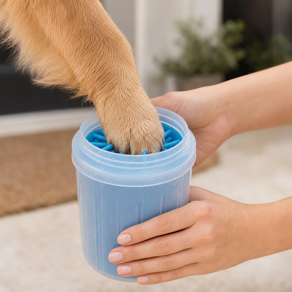 Manos limpiando con PataLimpia la pata de un perro